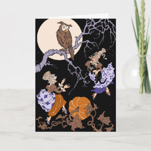 Vintage Halloween tanzende Hexen - schwarze Katze Karte