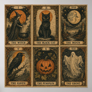 Vintage-Halloween-Tarotkarten-Blatt Poster