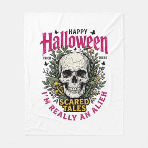 Vintage-Halloween-Totenkopf-Alien-Grafik für weiße Fleecedecke