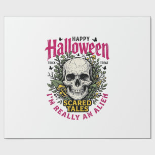 Vintage-Halloween-Totenkopf-Alien-Grafik für weiße Geschenkpapier