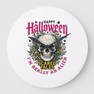 Vintage-Halloween-Totenkopf-Alien-Grafik für weiße Große Wanduhr