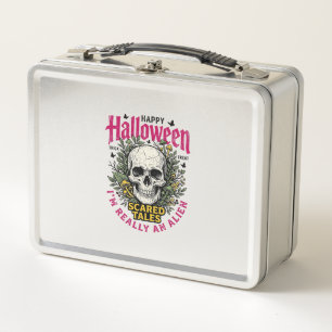 Vintage-Halloween-Totenkopf-Alien-Grafik für weiße Metall Brotdose