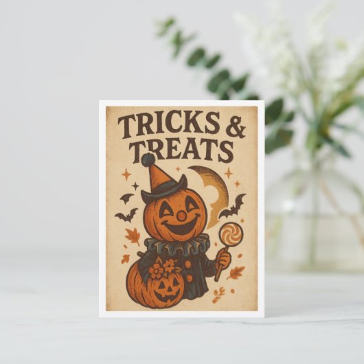 Vintage Halloween Tricks and Treats Postkarte (Stehend Vorderseite)