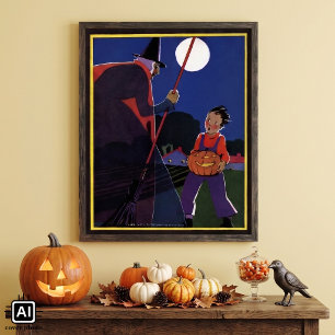 Vintage-Halloween, unheimliche Hexe mit Jungen Poster