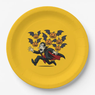 Vintage-Halloween-Vampir und fliegende Kürbis-Fled Pappteller