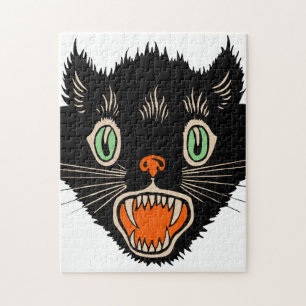 Vintage Halloween verängstigter schwarzer Kater Puzzle
