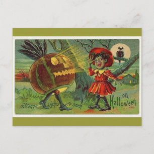 vintage-halloween-verängstigtes-mädchen-eule-kürbi postkarte