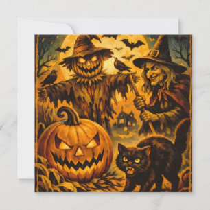 Vintage-Halloween-Vogelscheuche, Hexe, Kürbis Karte