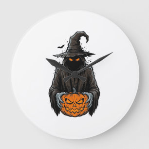 Vintage-Halloween-Vogelscheuchen-Kürbis-Shirt-Desi Große Wanduhr