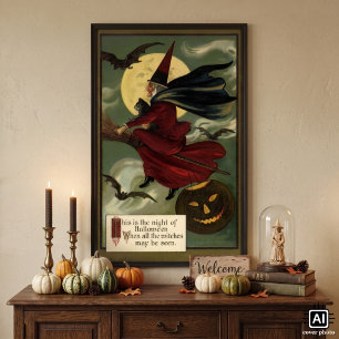 Vintage Halloween Witch Riding Broomstick with Cat Poster
