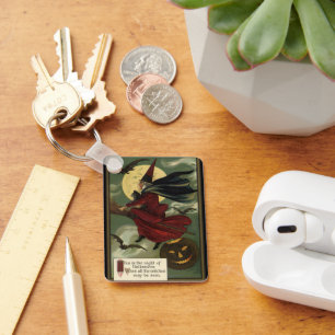 Vintage Halloween Witch Riding Broomstick with Cat Schlüsselanhänger