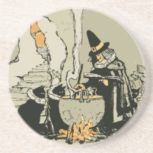 Vintage Halloween, Witch with Cauldron and Cats Getränkeuntersetzer