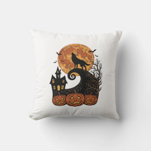 Vintage-Halloween-Wolf-Mond-Kürbis-Shirt-Design_1 Kissen