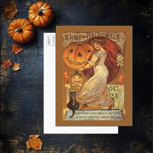 Vintage Halloween Woman Pumpkin Black Cat Postkarte