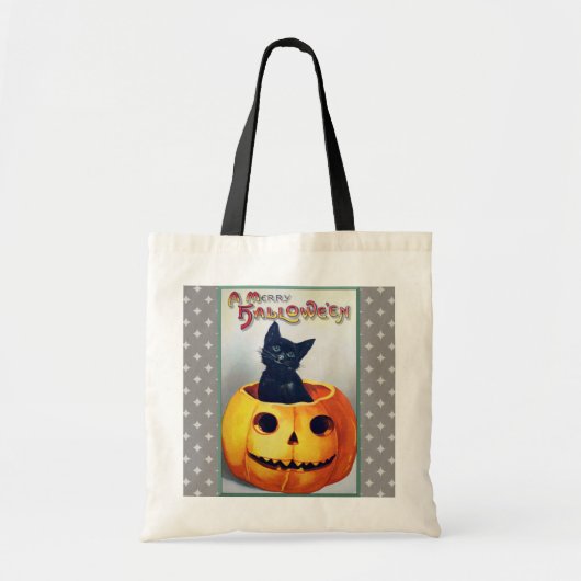 Vintage Halloweenkatze und -kürbis Tragetasche (Vorne)