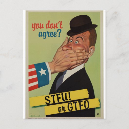 Vintage Halt-den-Mund-oder-Verschwinde Postkarte (Vorderseite)
