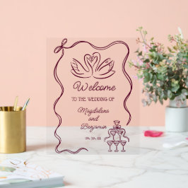 Vintage Hand Drawn Burgundy Swans Wedding Welcome Acrylschild