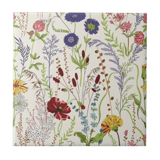 Vintage Hand-Drawn Meadow Wildflower Fliese (Vorderseite)