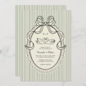 Vintage Hand Drawn Swan Green Stripes Wedding Einladung (Vorne/Hinten)