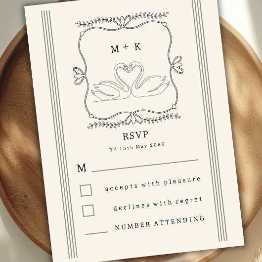 Vintage Hand Drawn Swans Monogram RSVP Wedding  Begleitkarte