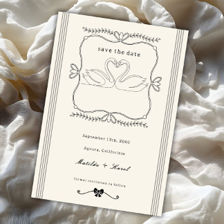 Vintage Hand Drawn Swans Stripes Wedding Save The Date