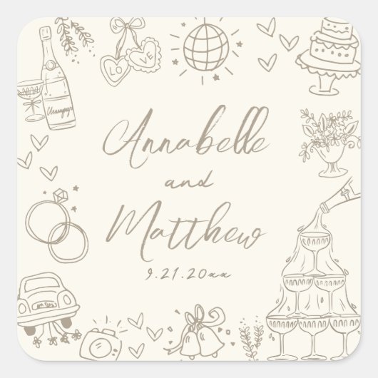 Vintage Hand Drawn Whimsical Wedding Quadratischer Aufkleber (Vorderseite)