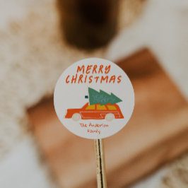 Vintage Hand gezeichnete Red Car Tree Weihnachtsfe Runder Aufkleber