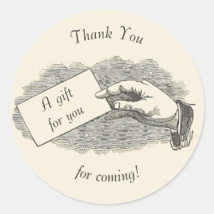 Vintage Hand Holding Card Thank you for Coming Runder Aufkleber