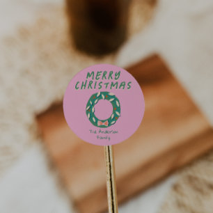 Vintage handgemalte rosa grüne Weihnachtsgirlande Runder Aufkleber
