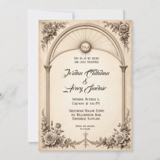 Vintage handGezeichnet Rose Einladung zur Hochzeit (Vorderseite)