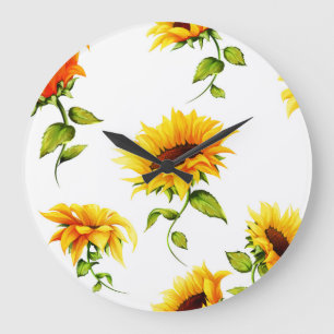 Vintage handGezeichnet Sonnenblumenwasserfarbe Große Wanduhr