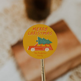 Vintage Handgezeichnete Gelbe Autokarte Weihnachte Runder Aufkleber