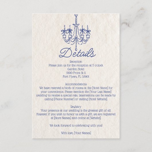 Vintage handgezeichnete Kronleuchter Hochzeitsdeta Begleitkarte (Vorderseite)