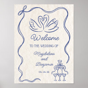 Vintage handgezeichnete navyblaue Schwäne Hochzeit Poster