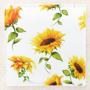 Vintage handgezeichnete Sonnenblume Aquarell Glasuntersetzer