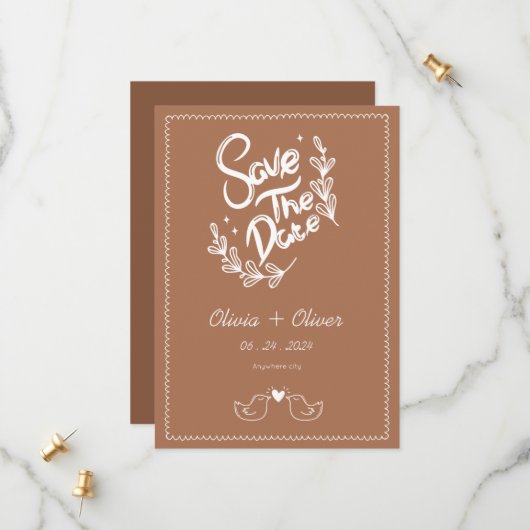 Vintage handgezeichnete Terrakotta-Hochzeit Save The Date (Vorderseite/Rückseite Beispiel)