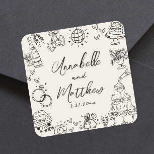 Vintage Handgezeichnete Whimsical Hochzeit Quadratischer Aufkleber