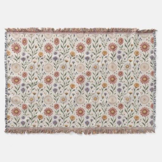 Vintage Handgezeichnete Wildblumen Patchwork Nahtl Decke (Vorderseite)
