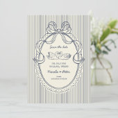 Vintage handgezeichneter Schwan blaue Streifen Hoc Save The Date (Stehend Vorderseite)