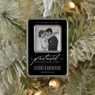 Vintage Handschrift Erste Weihnachten Foto Hochzei Rahmen-Ornament Silber