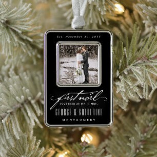 Vintage Handschrift Erste Weihnachten Foto Hochzei Rahmen-Ornament Silber