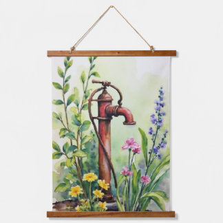 Vintage-Handwasserpumpe Aquarell-Garten Wandteppich Mit Holzrahmen