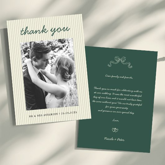 Vintage Handwritten Green Stripes Photo Wedding Dankeskarte
