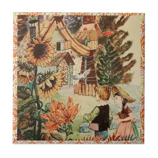 Vintage Hänsel und Gretel Keramik Tile Fliese (Vorderseite)