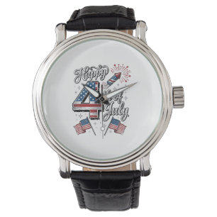 Vintage Happy 4. Juli Patrioten-Feuerwerk-Shirt Armbanduhr