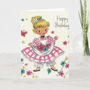 Vintage-Happy-Birthday-Mädchen im Kleid Karte