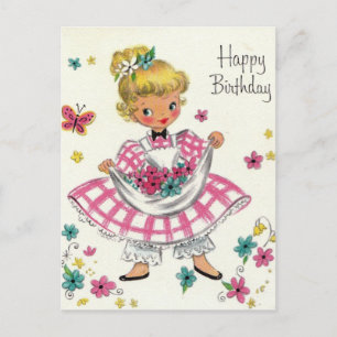 Vintage-Happy-Birthday-Mädchen im Kleid Postkarte
