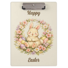 Vintage Happy Easter Bunny Floral Wreath Klemmbrett