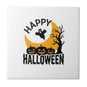 Vintage-Happy-Halloween-Geist-Kürbis-Shirt-Design Fliese