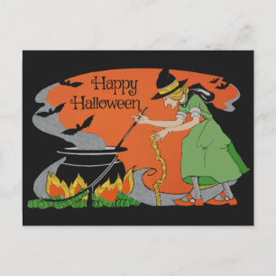Vintage-Happy-Halloween-Zeichnung alte Hexe & Fled Postkarte